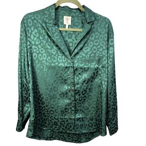 Self Esteem Green Satin Leopard-Print Button-Down Shirt
